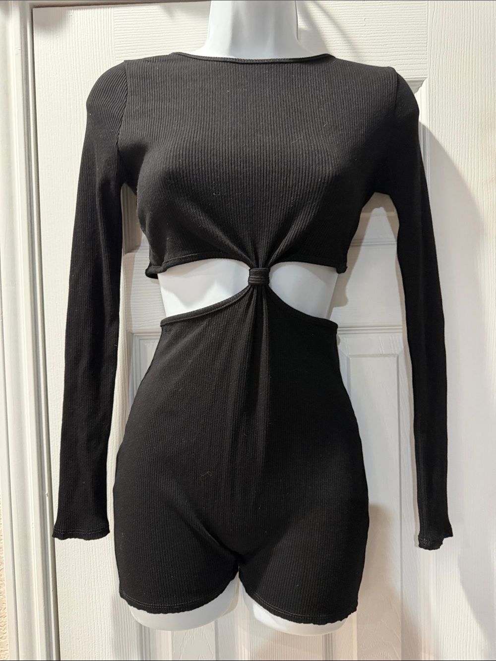 Fashion Nova Black Ribbed Long-Sleeve Knot Cutout Bike Shorts Romper